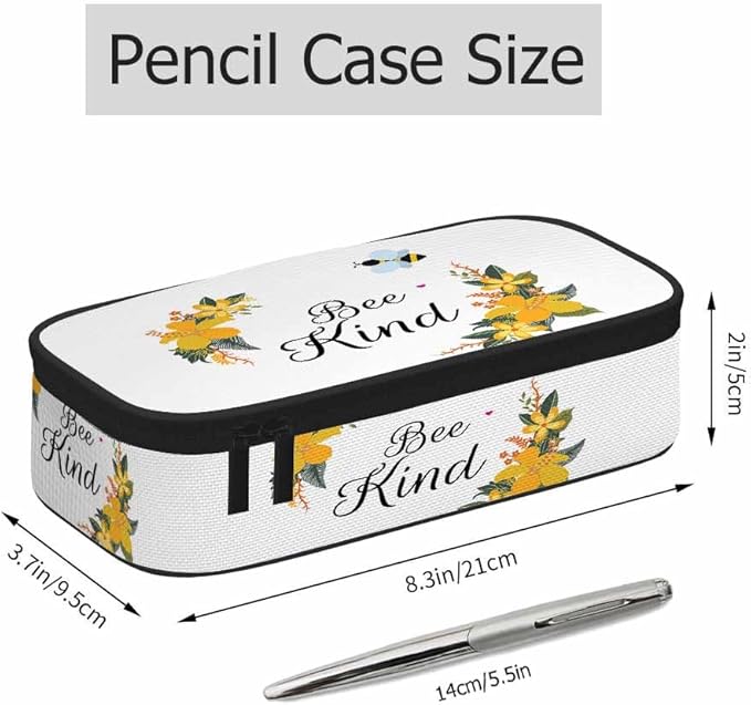 Bee Pencil Case Cute Bee Kind Yellow Flower Bunches Pencil Bag Pen Markers Pouch Holder Organizer for Boy Girl School Students