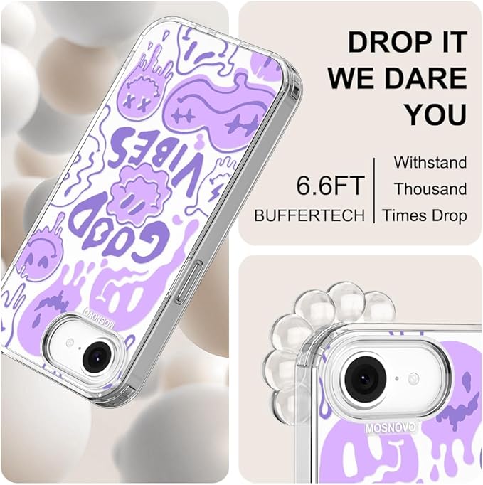 MOSNOVO for iPhone 17e Case/iPhone 16e Case, Shockproof Military-Grade Protection 6.6ft Drop Tested, Clear Phone Case for iPhone 16e / iPhone 17e, Good Vibes Design