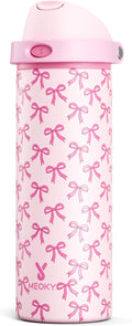 24 oz Insulated Water Bottle for Women: Meoky Stainless Steel Metal Water Bottle with 2-in-1 Straw and Spout Lid - Leak Proof, Cold for 24 Hours, Protective Silicone Base, BPA-Free for School, Bow