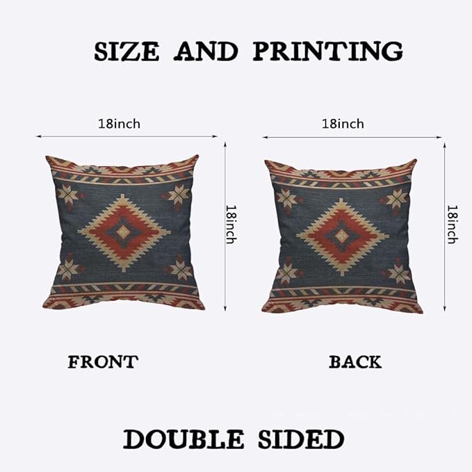 TKS MITLAN Southwest Diamond Blue Red Pillow Covers 18 x 18 Inch Indian Style on Blue Background Decorative Throw Pillow Covers Linen Cushion Case for Sofa Couch