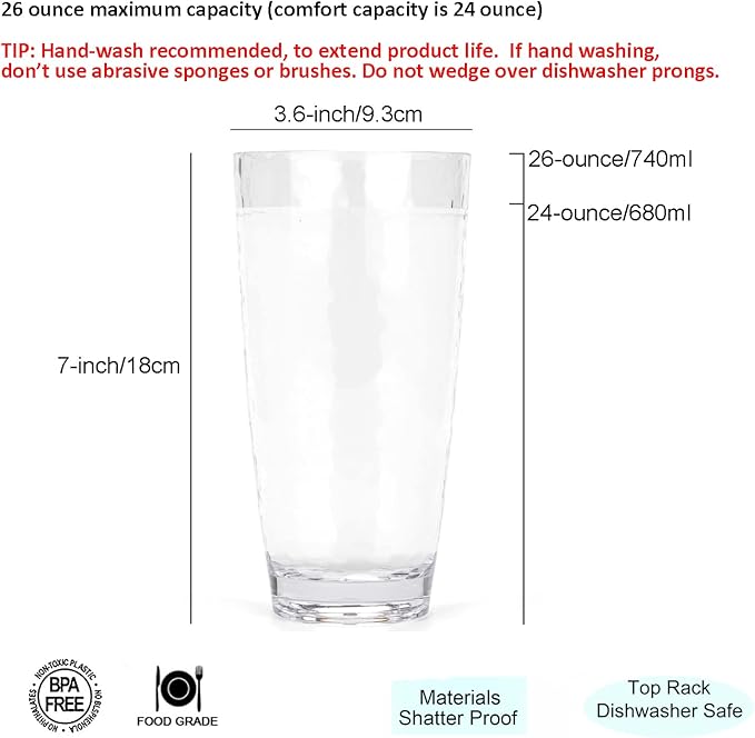 KOXIN-KARLU Hammered 26-ounce Plastic Tumbler Acrylic Glasses, set of 6 Clear