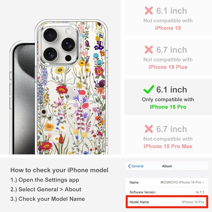 MOSNOVO Case for iPhone 15 Pro, [Buffertech 6.6ft Military-Grade Drop Protection] [Anti Peel Off Tech] Clear TPU Bumper Phone Case Cover Design - Wildflower Meadow