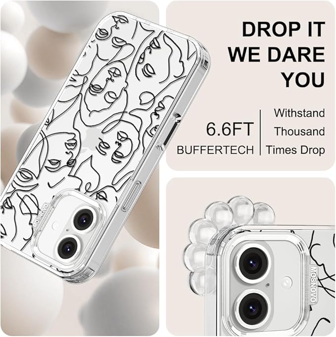 MOSNOVO Case for iPhone 16 Plus, [Buffertech 6.6ft Military-Grade Drop Protection] [Anti Peel Off Tech] Clear TPU Bumper Phone Case Cover Design - Abstract Face Line Art