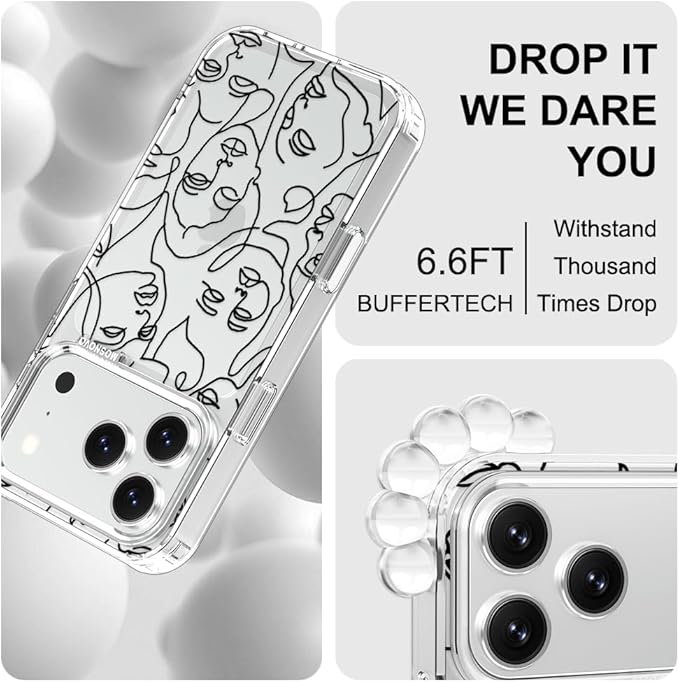 MOSNOVO for iPhone 17 Pro Case | Military Grade 6.6ft Drop Tested | Camera Control | Clear with Abstract Face Line Art Design