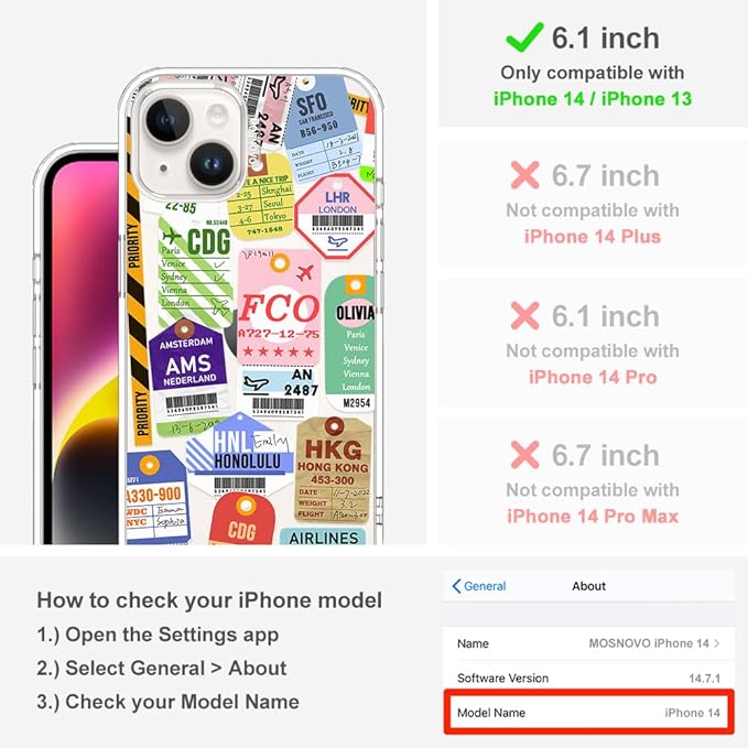 MOSNOVO for iPhone 13/14 Case | Military Grade 6.6ft Drop Tested | Clear with Air Ticket Labels Design