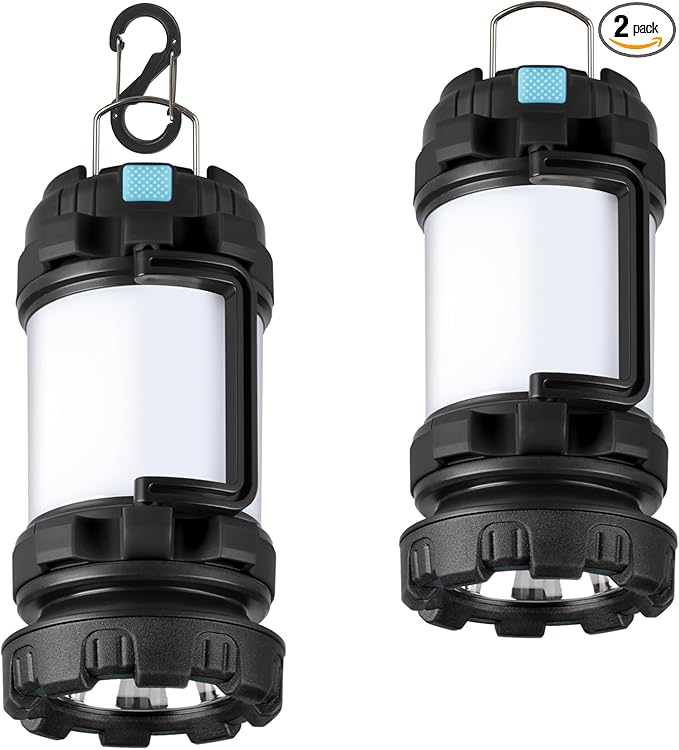 BOBKID 2 Pack Camping Lantern, Outdoor LED Camping Light, Rechargeable Flashlights with 1000LM, 6 Modes, IPX5 Waterproof Portable Emergency Camp Light for Hurricane Survival - Black