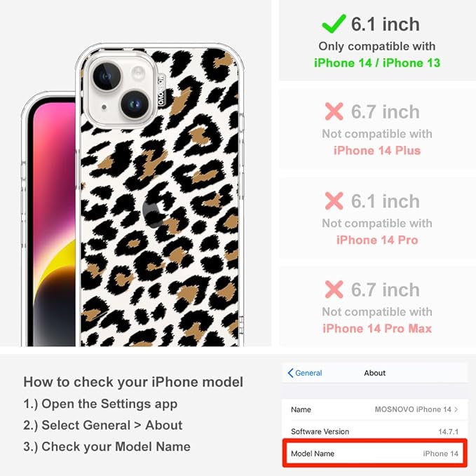 MOSNOVO for iPhone 13/14 Case | Military Grade 6.6ft Drop Tested | Clear with Leopard Print Design