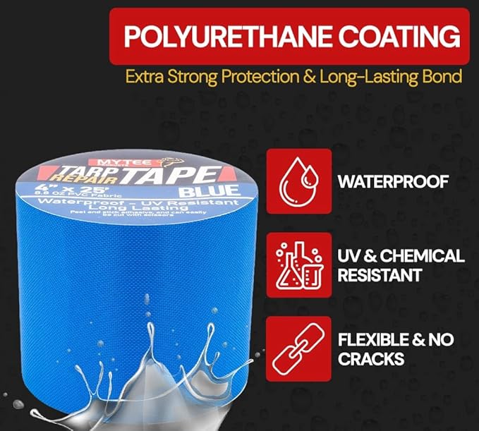 Mytee Products 4" x25' Blue Vinyl Tarp Repair Tape Kit – Heavy Duty 8.8oz Peel & Stick Waterproof Patch for Canvas, Tent, Awning, Boat Cover, RV & Truck Tarps, UV Resistant