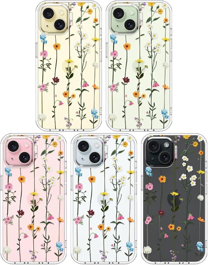 MOSNOVO Case for iPhone 15, [Buffertech 6.6ft Military-Grade Drop Protection] [Anti Peel Off Tech] Clear TPU Bumper Phone Case Cover Design - Wildflowers