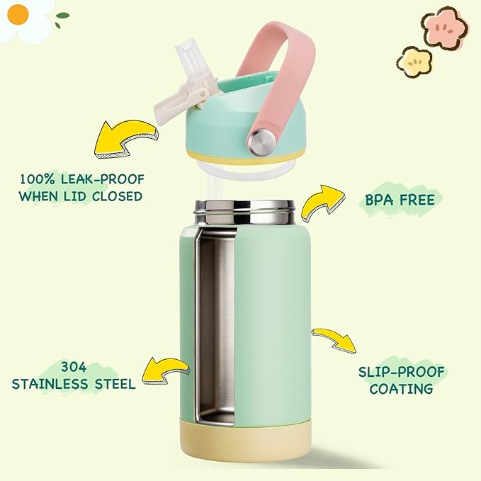 Kerilyn 12oz Water Bottle 2 Pack, Stainless Steel Insulated Water Bottle Bulk with Straws Leak-Proof,BPA Free, 2 Piece Set Mint Breeze