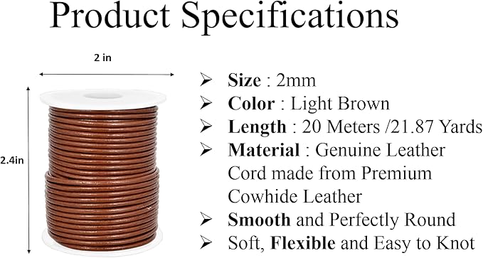 GENIQUE Real/Genuine Round Leather String Cord for Necklace, Bracelets, Jewelry, Kumihimo Braiding, DIY Projects (20 Metres) (2mm, Light Brown)