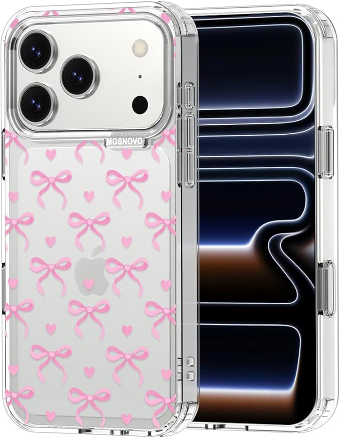 MOSNOVO for iPhone 17 Pro Case | Military Grade 6.6ft Drop Tested | Camera Control | Clear with Bowtiful Love Design
