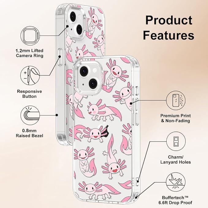 MOSNOVO for iPhone 13/14 Case | Military Grade 6.6ft Drop Tested | Clear with Pink Axolotl Design