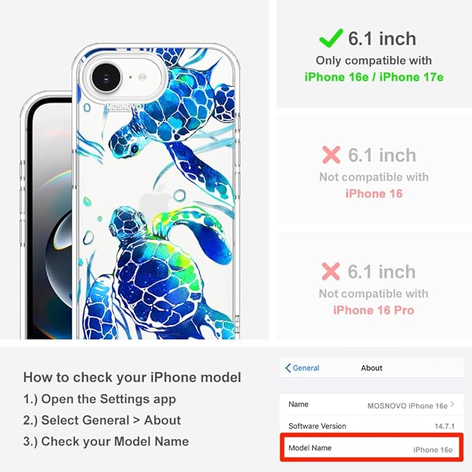 MOSNOVO for iPhone 17e Case/iPhone 16e Case, Shockproof Military-Grade Protection 6.6ft Drop Tested, Clear Phone Case for iPhone 16e / iPhone 17e, Sea Turtles Design
