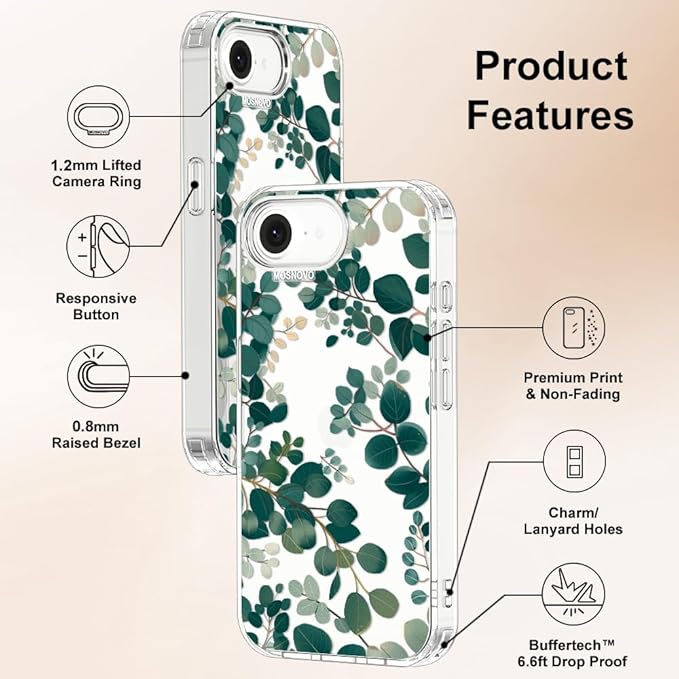 MOSNOVO for iPhone 17e Case/iPhone 16e Case, Shockproof Military-Grade Protection 6.6ft Drop Tested, Clear Phone Case for iPhone 16e / iPhone 17e, Eucalyptus Design