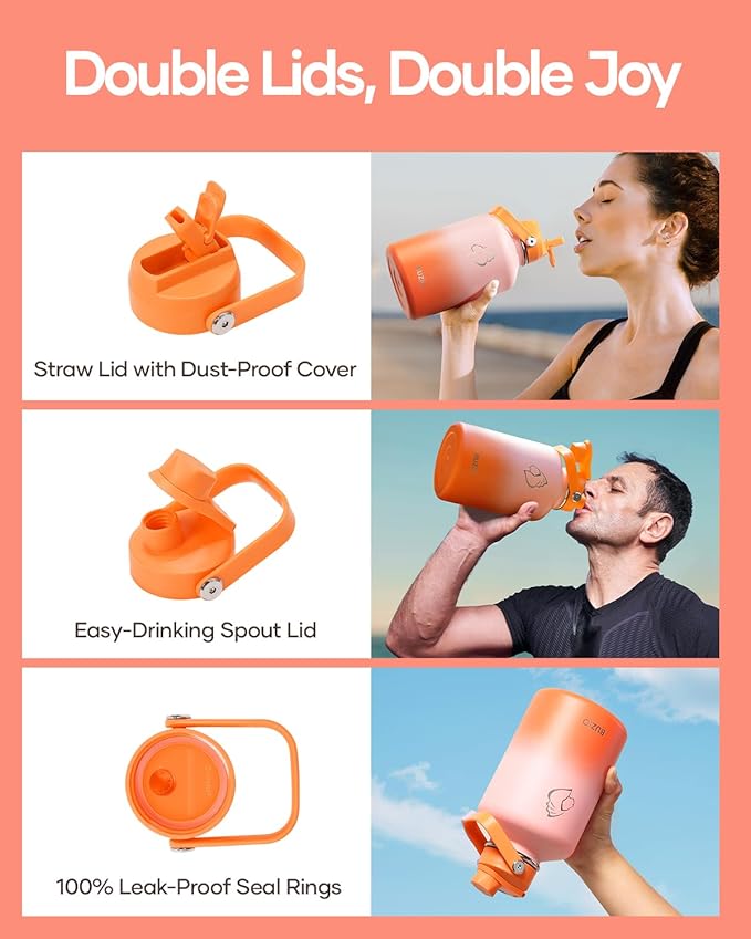 BUZIO 64oz Insulated Water Bottle, Stainless Steel Water Flask with Straw Lid and carrying pouch, Keep Cold 48h Leak Proof Double Wall Vacuum Travel Mug Metal Canteen for Gym Beach, Gradient Orange
