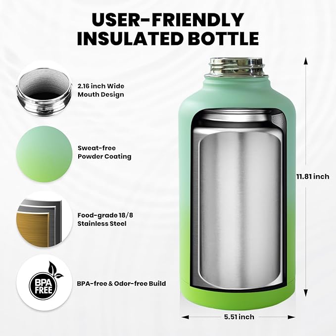 RAYMYLO One Gallon Water Bottle Insulated, Triple Walled Vacuum Stainless Steel (Cold for 48 Hrs), Leak Proof & Non-BPA, Large Water Flask Jug with Paracord Handle & Straw Spout Lids