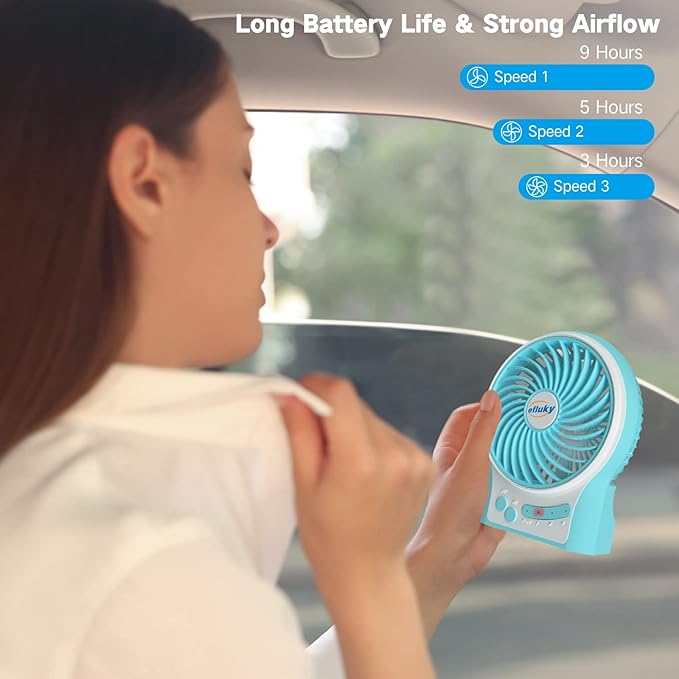 efluky 3-Speed Mini Desk Fan with LED Light, Portable USB Fan Quiet for Home, Office, Travel, Camping, Outdoor, Indoor, 4.9-Inch,Blue