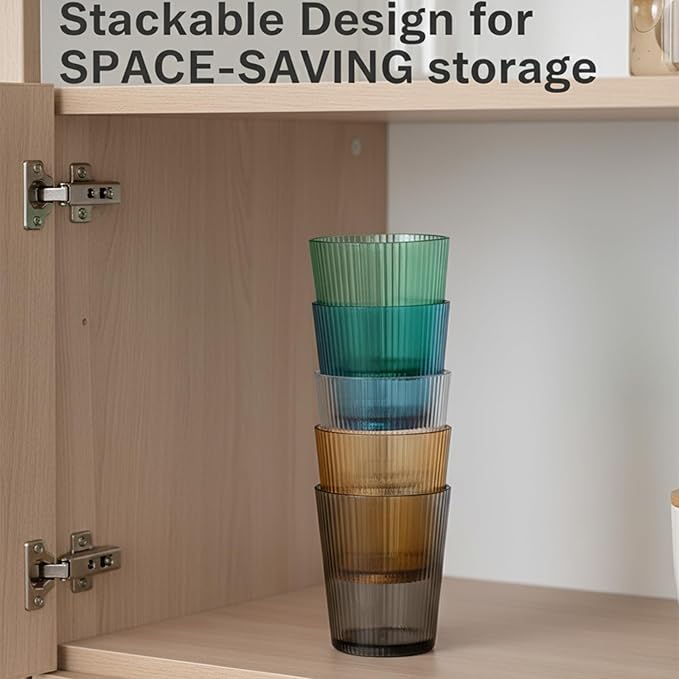 5 PCS Colored Plastic Drinking Glasses, Reusable Acrylic Drinking Cups, Stackable Glasses Drinkware, Unbreakable Clear Water Tumblers for Home Party Picnic, BPA Free, 250 ml/8.5 oz (5 Colors)