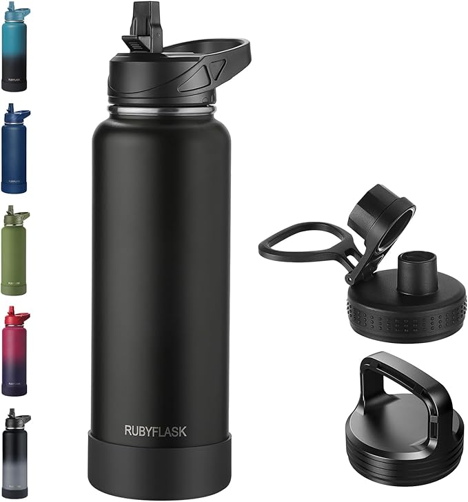 RUBYFLASK 40oz Insulated Water Bottle with Straw, Stainless Steel Metal Vacuum Water Flask, Large Thermal Water bottle with Leakproof 3 Lids for Travel, Camping, Gym Sports Black
