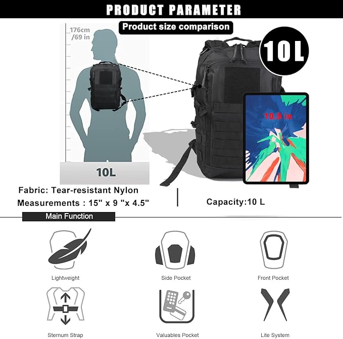 Miramrax 12L Small Backpack Day Pack - Mini Tactical Backpacks Military Daypack Molle Bag Rucksack Bug Out Bag for Hiking (Black)