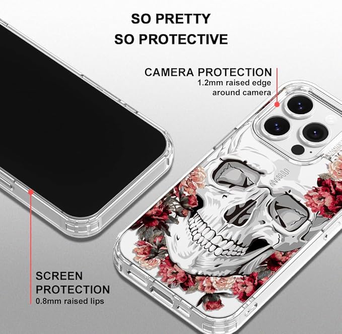 MOSNOVO Case for iPhone 14 Pro, [Buffertech 6.6ft Military-Grade Drop Protection] [Anti Peel Off Tech] Clear TPU Bumper Phone Case Cover Design - Red Flower Skull