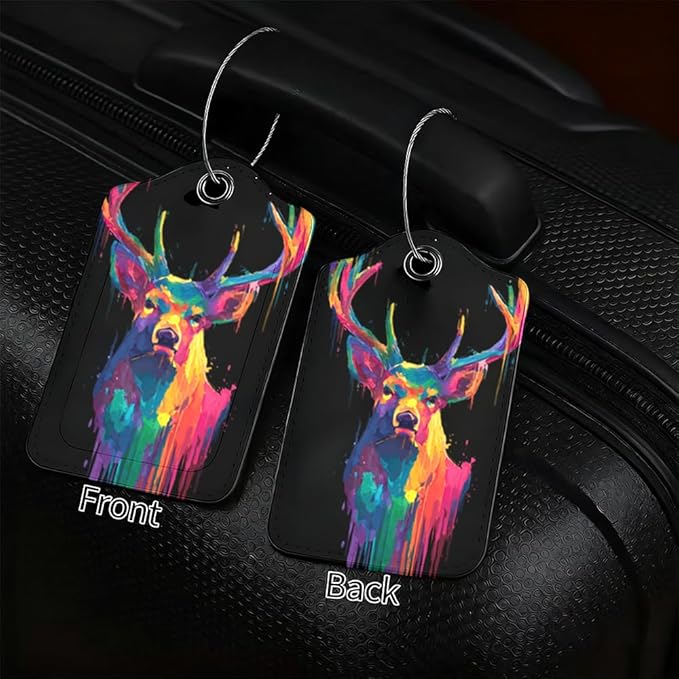 2Pcs Vibrant Deer Luggage Tags for Suitcases, 2.83x4.53 Artistic Animal ID Labels with Privacy Cover, Neon Geometric Bag Tags for Backpacks, Travel Gifts for Men & Women, Set of 2