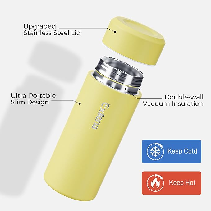 【Upgraded】Exllena Small Insulated Water Bottle 8 oz/250ml– Mini Insulated Water Bottle for Hot & Cold Drinks, Perfect Small Flask for Travel, Purse...(Yellow)