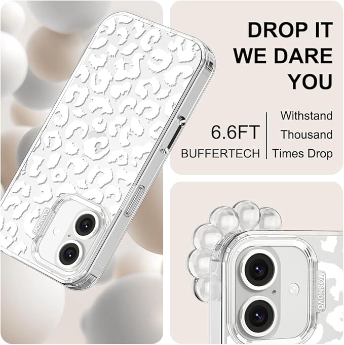MOSNOVO Case for iPhone 16 Plus, [Buffertech 6.6ft Military-Grade Drop Protection] [Anti Peel Off Tech] Clear TPU Bumper Phone Case Cover Design - White Leopard Print