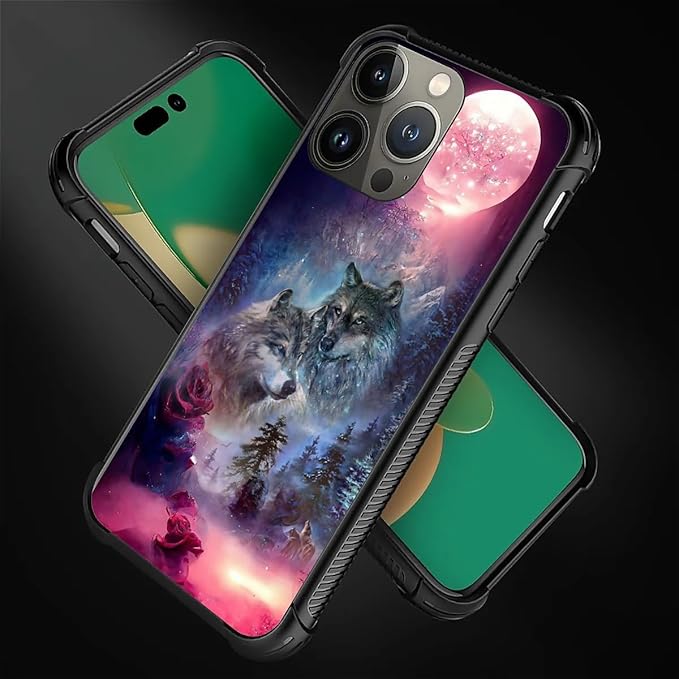 for iPhone 14 Pro Max Case, Star Two Wolfs Howling Pattern Graphic Design Girl Boy Soft Silicone Hard Acrylic Shock Protection for iPhone 14 Pro Max