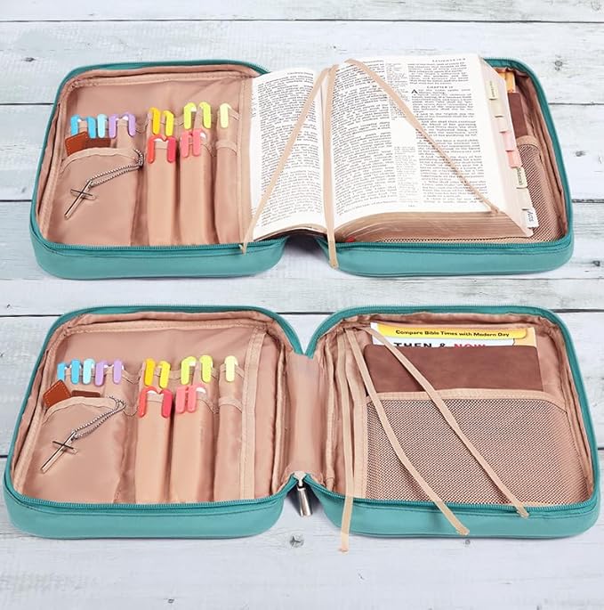 FINDCOZY Bible Cover for Women, Durable Carrying Book Case Church Bag for Biblical Accessories with Handle and Zippered Pocket, for Scriptures, Turquoise