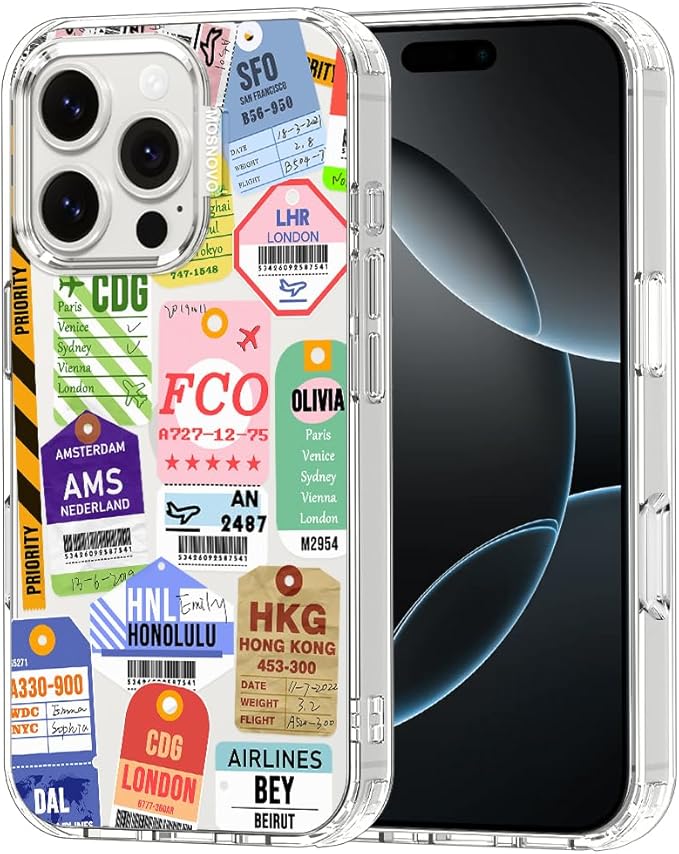 MOSNOVO Case for iPhone 16 Pro, [Buffertech 6.6ft Military-Grade Drop Protection] [Anti Peel Off Tech] Clear TPU Bumper Phone Case Cover Design - Air Ticket Labels