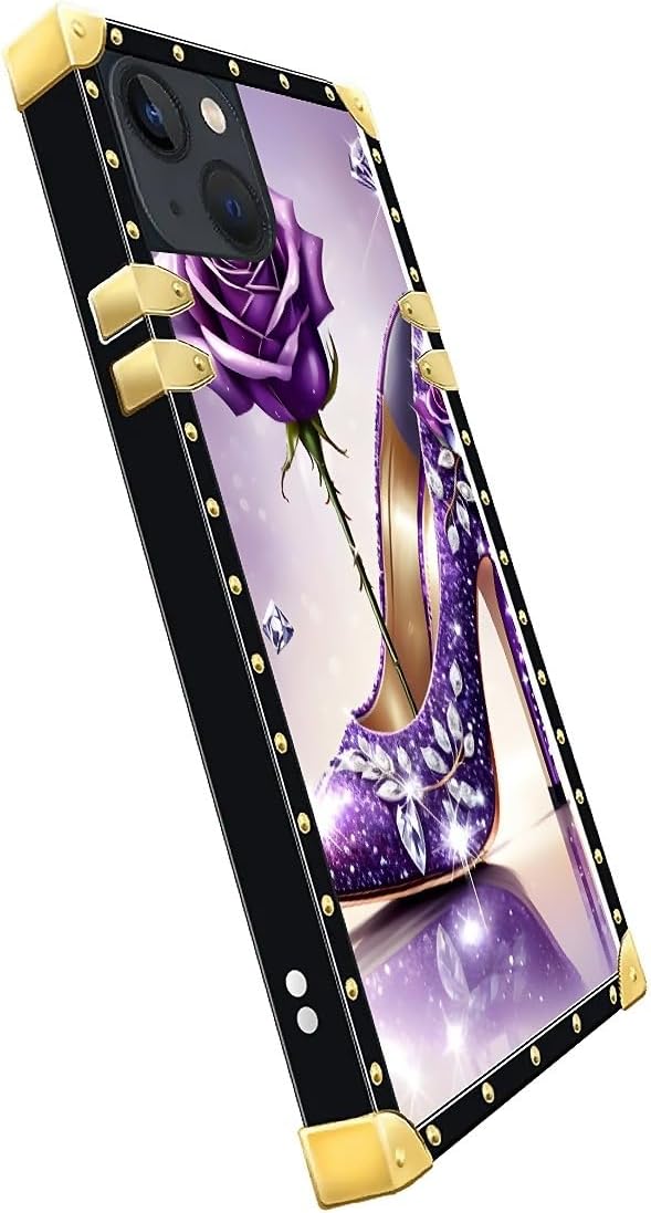 Compatible with iPhone 15 Case, High Heeled Purple Diamond Rose Luxury Golden Decoration for Girl Women Soft TPU Shockproof Protective Hard PC Back for iPhone 15