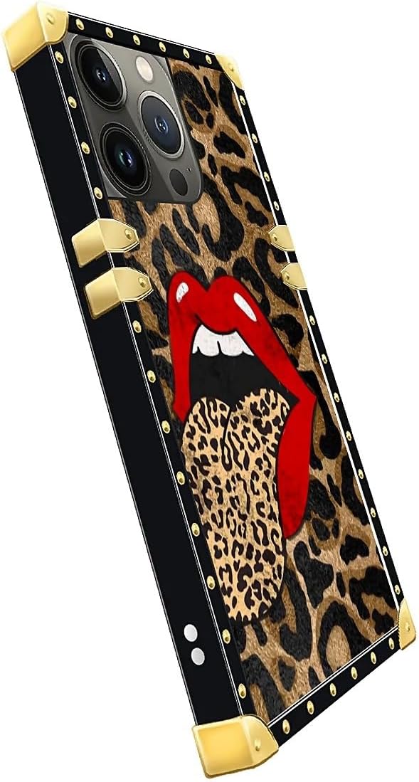 Compatible with iPhone 13 Pro Case, Brown Leopard Print Mouth Luxury Golden Decoration for Girl Women Soft TPU Shockproof Protective Hard PC Back for iPhone 13 Pro