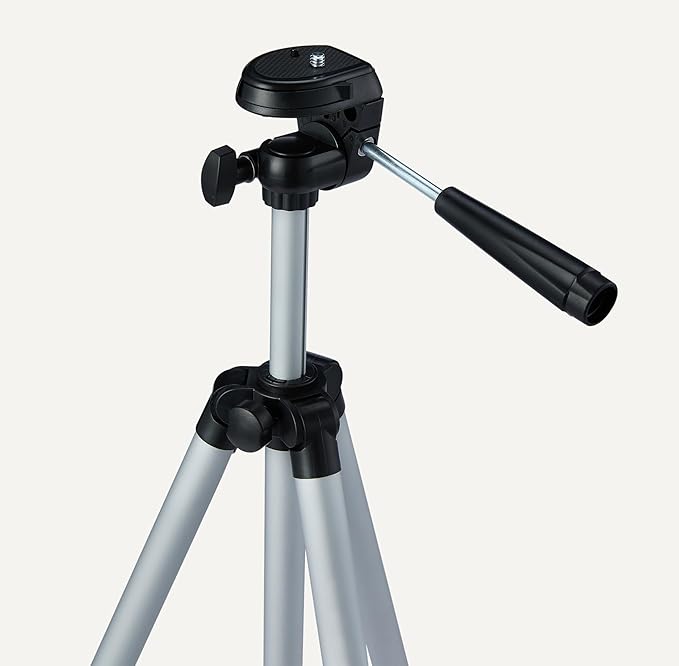 Amazon Basics 50" Lightweight Tripod for Camera and Phone with Travel Bag, Remote Control and Phone Holder, Height Adjustable, Aluminum, Silver