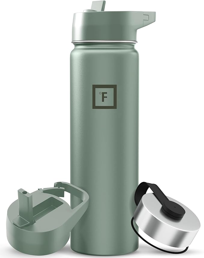 IRON °FLASK Camping & Hiking Hydration Flask with Straw, Wide Mouth Insulated Stainless Steel Sports Water Bottle - 22 oz Sage