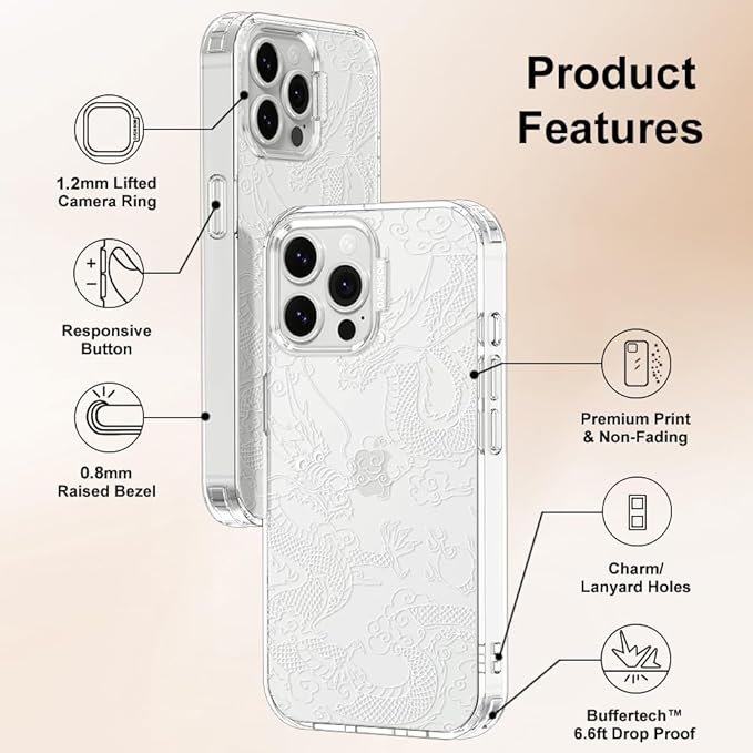MOSNOVO Case for iPhone 13 Pro Max, [Buffertech 6.6ft Military-Grade Drop Protection] [Anti Peel Off Tech] Clear TPU Bumper Phone Case Cover Design - White Dragon