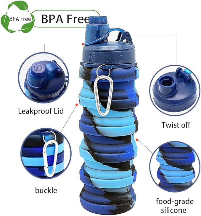 Silicone Collapsible Water Bottles, 16oz（500ml） Portable Foldable Expandable Water Bottle Sports Cups, Leak Proof Reusable BPA Free, for Outdoor Activities (Blue)