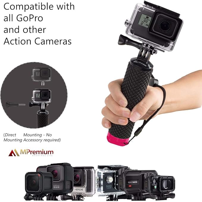 Waterproof Floating Hand Grip Compatible with GoPro Hero 12 11 10 9 8 7 6 5 4 3+ 2 1 Session Black Silver Handler & Handle Mount Accessories Kit for Water Sport and Action Cameras (Rose Red)