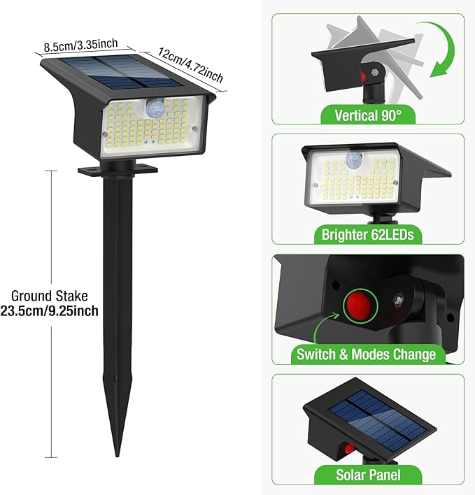 nipify Solar Spot Lights Outdoor, 3 Pack/62 LED Solar Motion Sensor Lights Outdoor Waterproof, 3 Modes Solar Powered Landscape Spotlights 2-in-1 for Outside Yard Wall Garden, Cool White