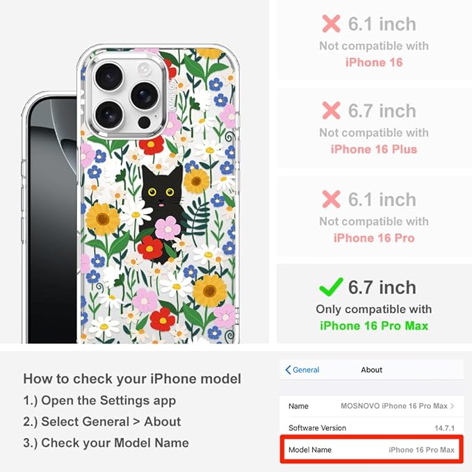 MOSNOVO Case for iPhone 16 Pro Max, [Buffertech 6.6ft Military-Grade Drop Protection] [Anti Peel Off Tech] Clear TPU Bumper Phone Case Cover Design - Black Cat in Garden