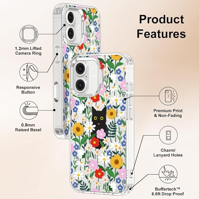 MOSNOVO Case for iPhone 16, [Buffertech 6.6ft Military-Grade Drop Protection] [Anti Peel Off Tech] Clear TPU Bumper Phone Case Cover Design - Black Cat in Garden