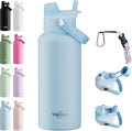 32oz Insulated Water Bottle with 2-in-1 Straw and Spout Lid, 304 Stainless Steel Water Bottle Keep Cold for 24H,Leak-Proof,Sports Water Bottle with Braided Carry Strap for Travel, Sky Blue