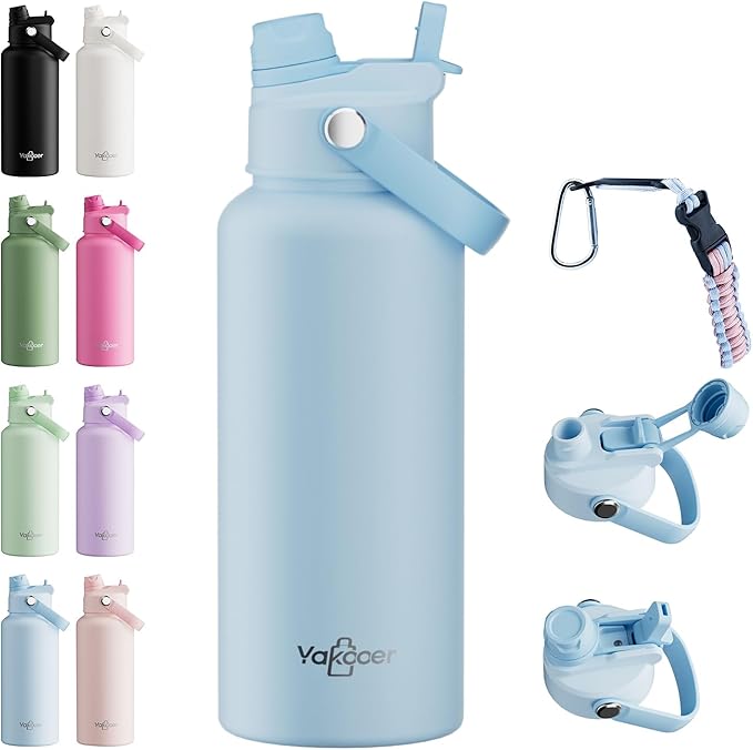 32oz Insulated Water Bottle with 2-in-1 Straw and Spout Lid, 304 Stainless Steel Water Bottle Keep Cold for 24H,Leak-Proof,Sports Water Bottle with Braided Carry Strap for Travel, Sky Blue
