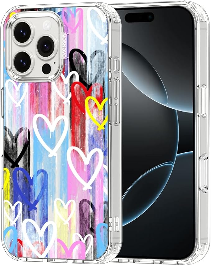 MOSNOVO for iPhone 16 Pro Max Case, Shockproof Military-Grade Protection 6.6ft Drop Tested, Clear Phone Case for iPhone 16 Pro Max, Graffiti Hearts Design