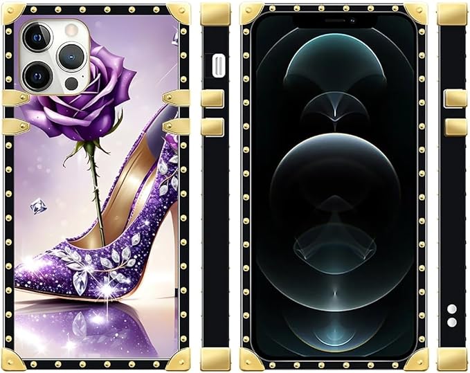 Compatible with iPhone 12 Pro Max Case, High Heeled Purple Diamond Rose Luxury Golden Decoration for Girl Women Soft TPU Shockproof Protective Hard PC Back for iPhone 12 Pro Max