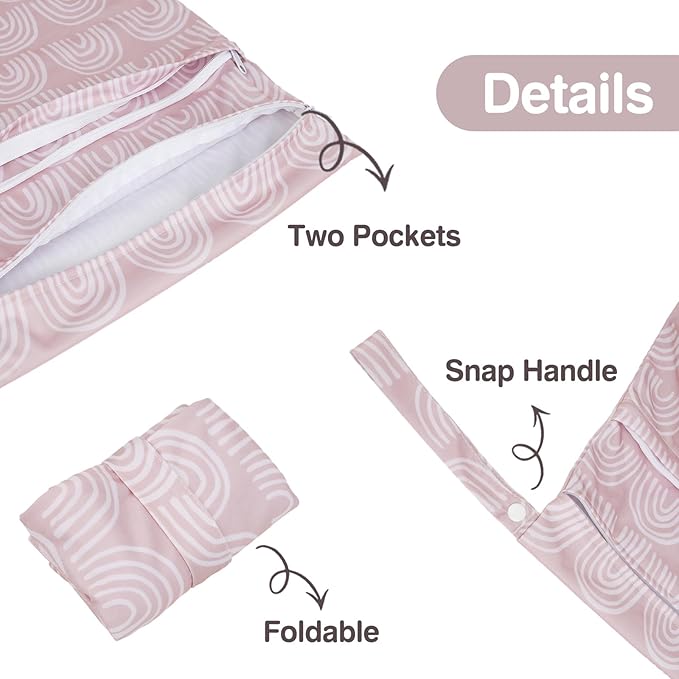 2pcs Cloth Diaper Wet Dry Bags Waterproof Reusable with Two Zippered Pockets Travel Beach Pool Daycare Soiled Baby Items Yoga Gym Bag for Swimsuits or Wet Clothes-Pink Rainbows