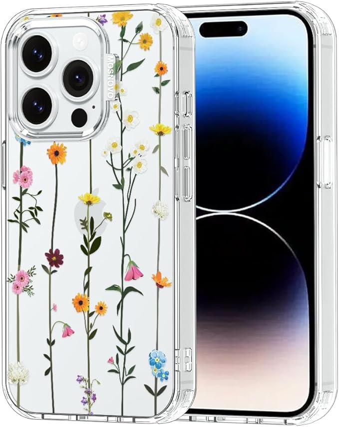 MOSNOVO Case for iPhone 14 Pro, [Buffertech 6.6ft Military-Grade Drop Protection] [Anti Peel Off Tech] Clear TPU Bumper Phone Case Cover Design - Wildflowers