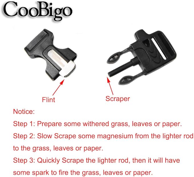 CooBigo 10Pack 3/4" (19mm) Fire Starter Survival Whistle Buckle Flint Scraper for Paracord Bracelet Key Lanyard Ourdoor Hiking Camping Backpack Bag Pets Collar DIY Travel Kits
