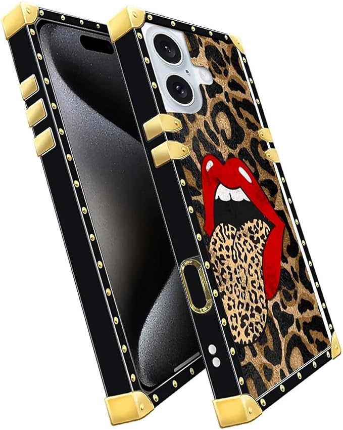 Compatible with iPhone 16 Plus Case, Brown Leopard Print Mouth Luxury Golden Decoration for Girl Women Soft TPU Shockproof Protective Hard PC Back for iPhone 16 Plus